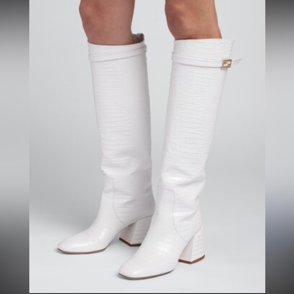 Fendi White Croco Textured Knee-High Block Heeled Boots w/Gold FF logo